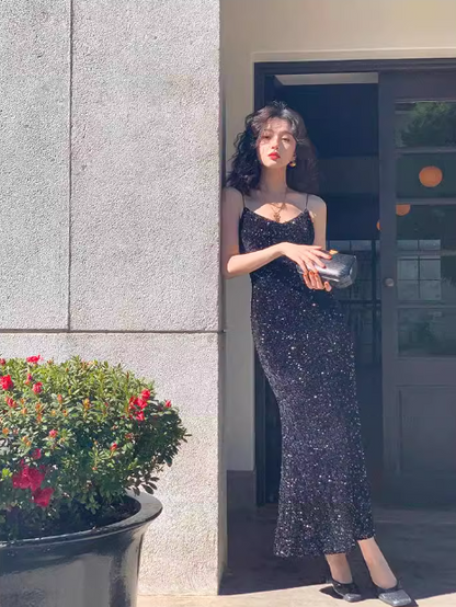 Velvet Sequined V-Neck Suspender Mermaid Maxi Dress ED0276