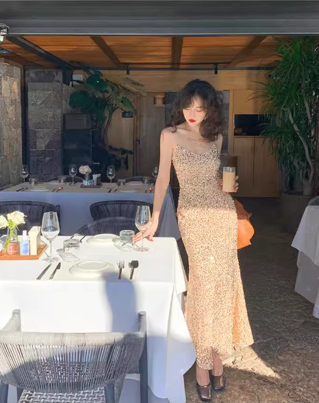 Velvet Sequined V-Neck Suspender Mermaid Maxi Dress ED0276