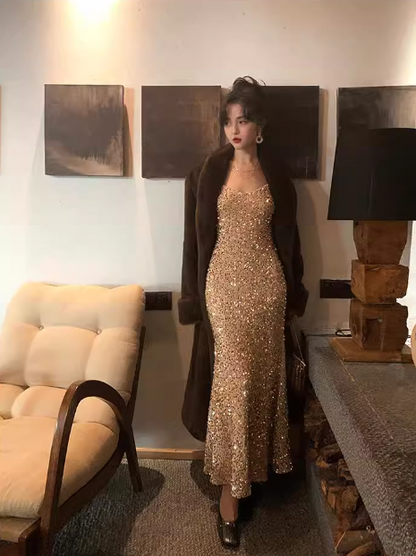 Velvet Sequined V-Neck Suspender Mermaid Maxi Dress ED0276