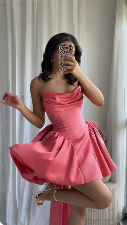 Gorgeous Hot Pink Strapless A-Line Satin Homecoming Dresses Short Prom Dresses with Bow ED02771
