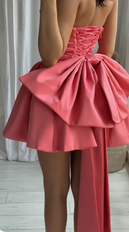 Gorgeous Hot Pink Strapless A-Line Satin Homecoming Dresses Short Prom Dresses with Bow ED02771