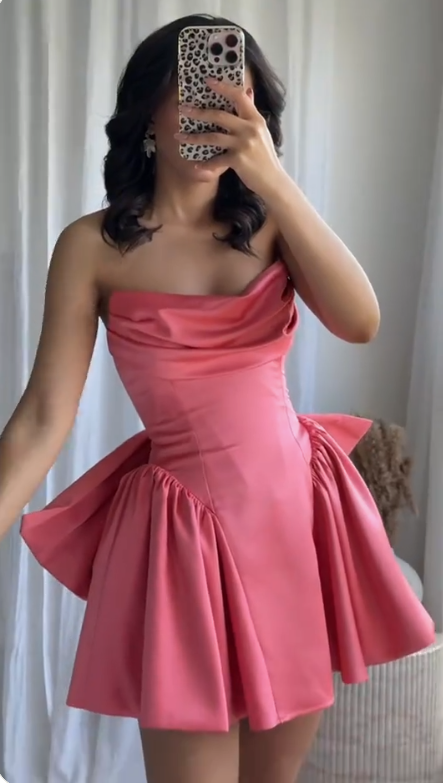 Gorgeous Hot Pink Strapless A-Line Satin Homecoming Dresses Short Prom Dresses with Bow ED02771