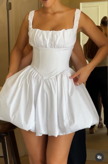 Simple White Square Neck A-Line Satin Homecoming Dresses Elegant Short Prom Dresses ED02772
