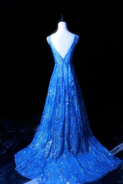 Stunning Royal Blue V-neck A-Line Beaded Tulle Long Prom Dresses Formal Evening Gowns ED02774