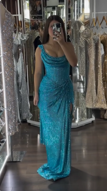 Elegant Turquoise Scoop Neck Sheath Sequin Long Prom Dresses Formal Evening Gowns with Slits ED02775