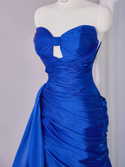 Stunning Royal Blue Sweetheart Neck Sheath Satin Long Prom Dresses Formal Evening Gowns with Slits ED02776