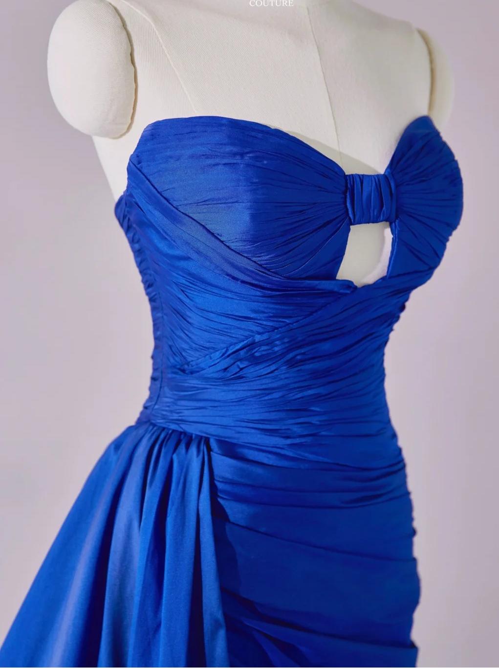 Stunning Royal Blue Sweetheart Neck Sheath Satin Long Prom Dresses Formal Evening Gowns with Slits ED02776