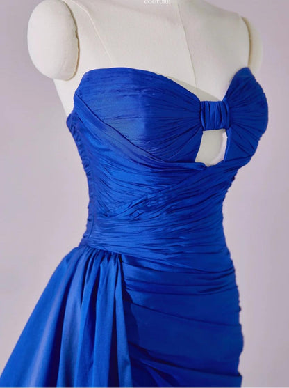 Stunning Royal Blue Sweetheart Neck Sheath Satin Long Prom Dresses Formal Evening Gowns with Slits ED02776