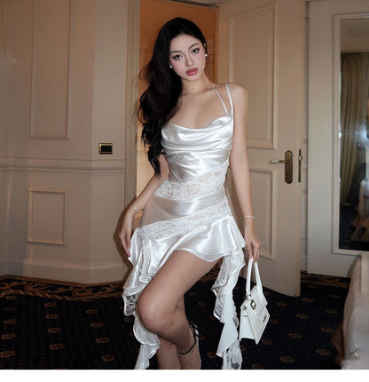 Sexy White Spaghetti Straps Sheath Satin Lace Short Prom Dresses Homecoming Dresses with Ruffles ED02779