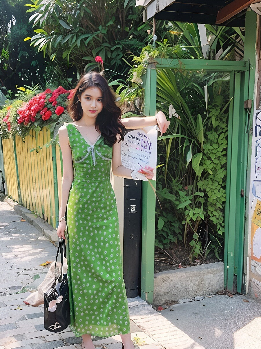 French retro V-neck floral dress ED0277