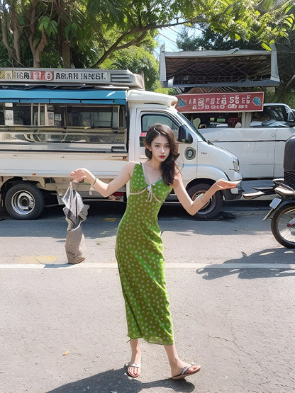 French retro V-neck floral dress ED0277