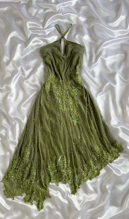 Gorgeous Green Halter Sheath Chiffon Beaded Short Prom Dresses with Appliques Vintage Party Dress ED02787