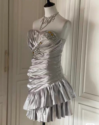 Elegant Silver Strapless Sheath Satin Beaded Short Prom Dresses Homecoming Dresses ED02788