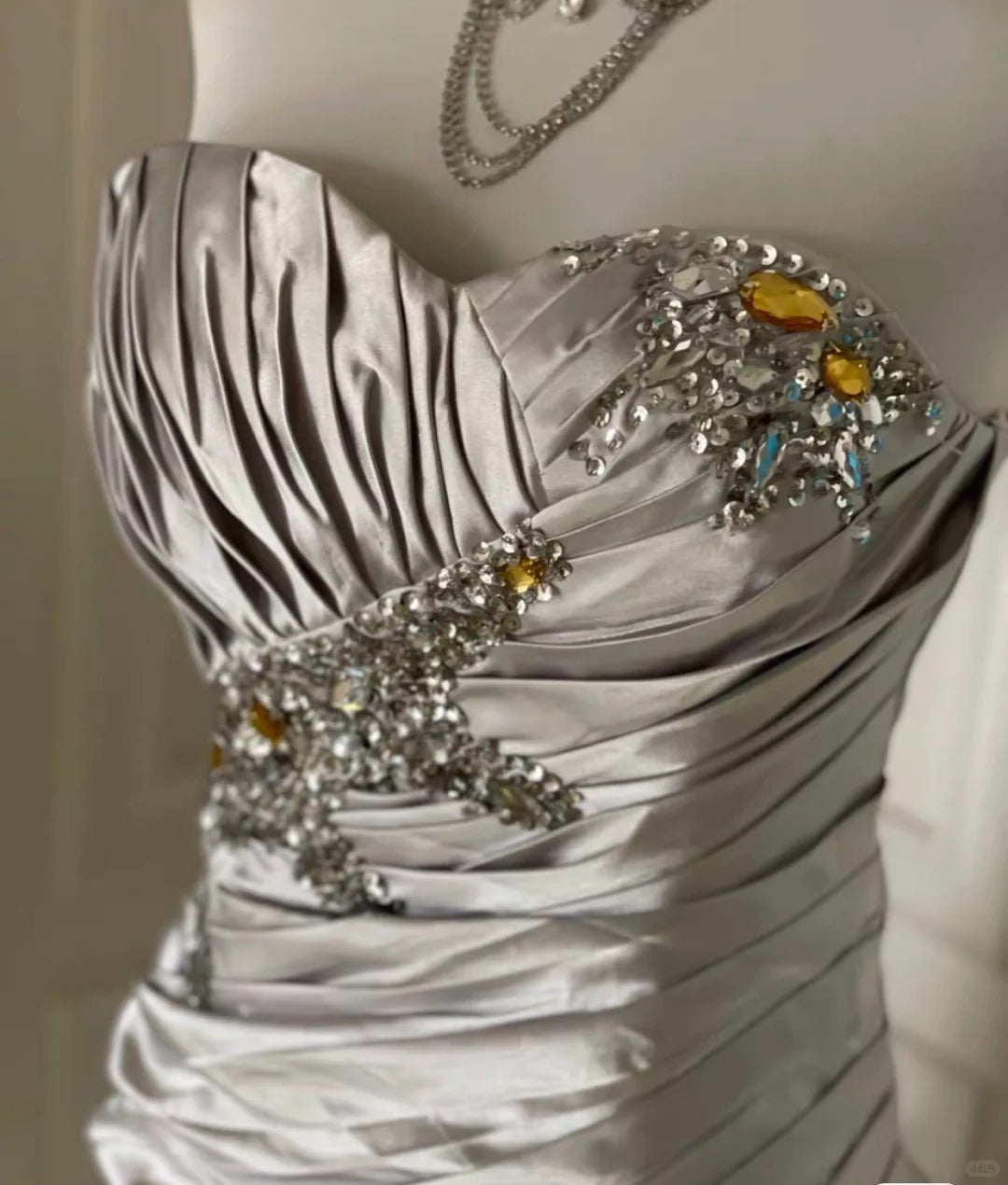 Elegant Silver Strapless Sheath Satin Beaded Short Prom Dresses Homecoming Dresses ED02788