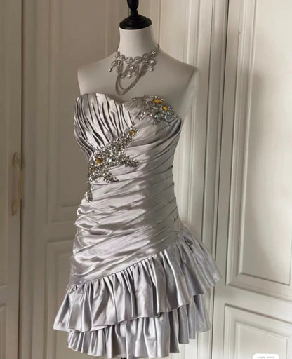 Elegant Silver Strapless Sheath Satin Beaded Short Prom Dresses Homecoming Dresses ED02788