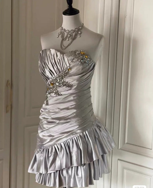 Elegant Silver Strapless Sheath Satin Beaded Short Prom Dresses Homecoming Dresses ED02788