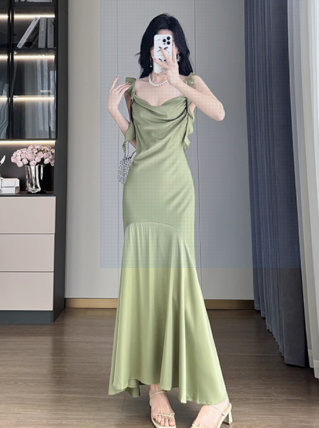 French Ruffle Satin Swing Neck Suspender Dress Fishtail Maxi Dress ED0278