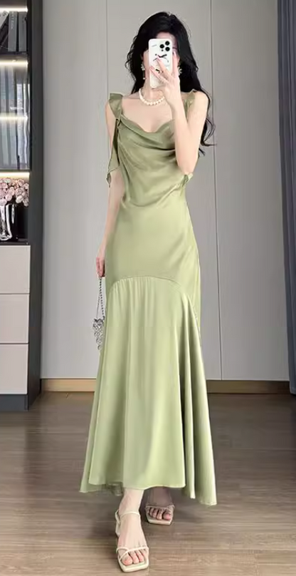 French Ruffle Satin Swing Neck Suspender Dress Fishtail Maxi Dress ED0278