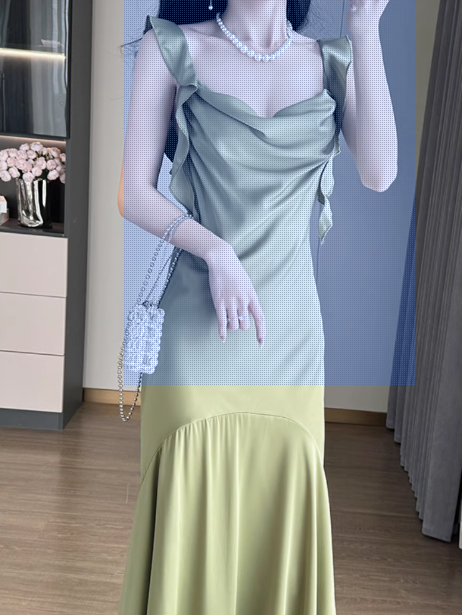 French Ruffle Satin Swing Neck Suspender Dress Fishtail Maxi Dress ED0278