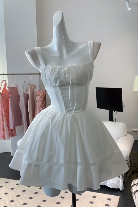 Elegant White Square Neck A-Line Satin Short Prom Dresses Homecoming Dresses ED02791