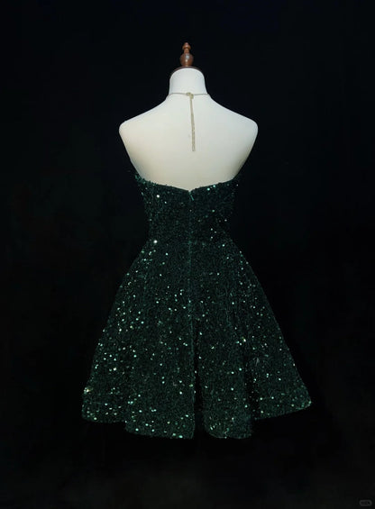 Sweet Dark Green Sweetheart Neck A-Line Sequin Short Prom Dresses Homecoming Dresses ED02798