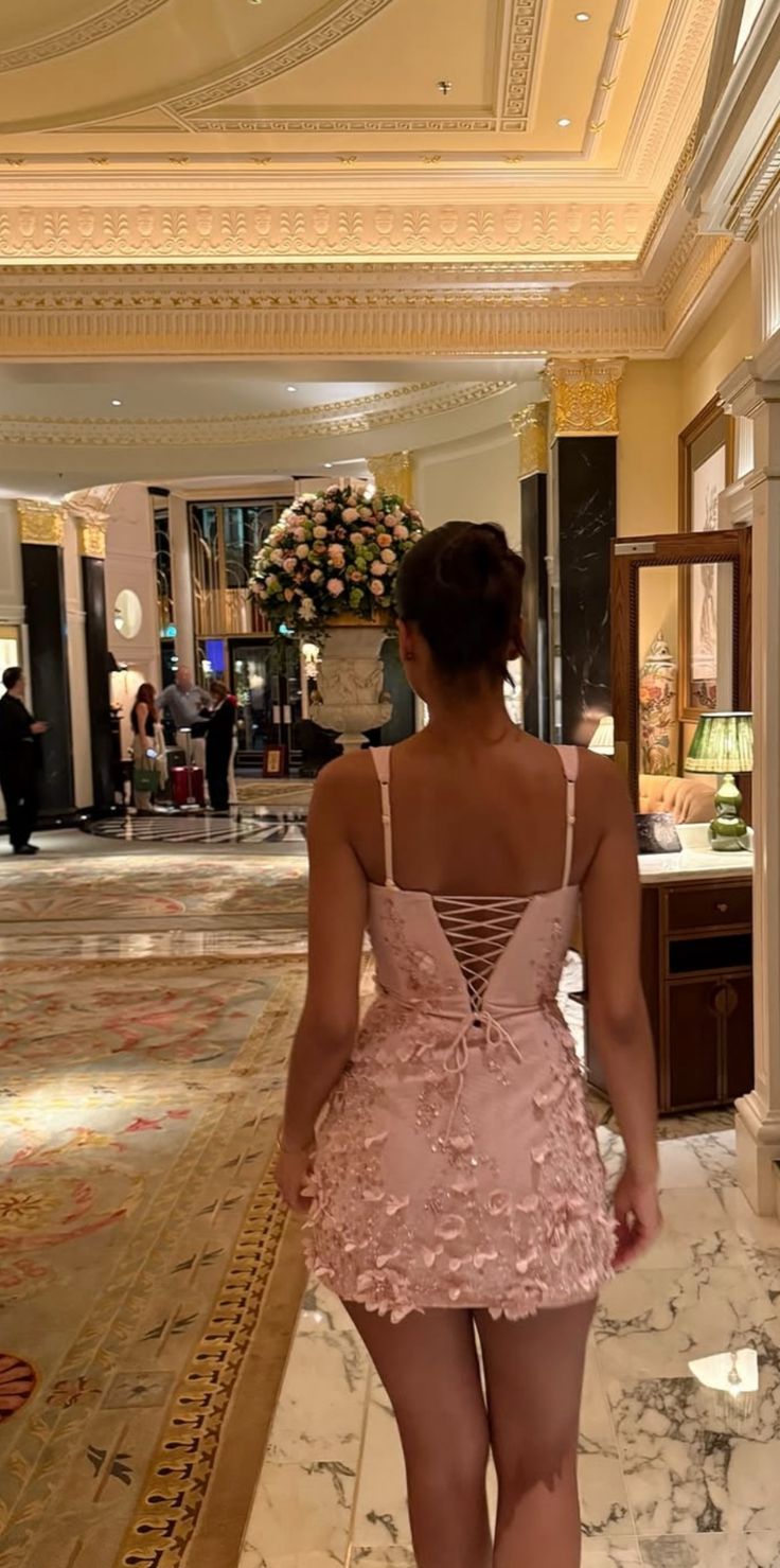 Elegant Pink Square Neck Bodycon Satin Beaded Short Prom Dresses Homecoming Dresses with Appliques ED02799