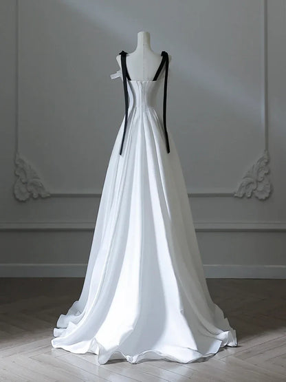 A-Line Satin White Long Prom Dress, White Long Formal Dress ED028