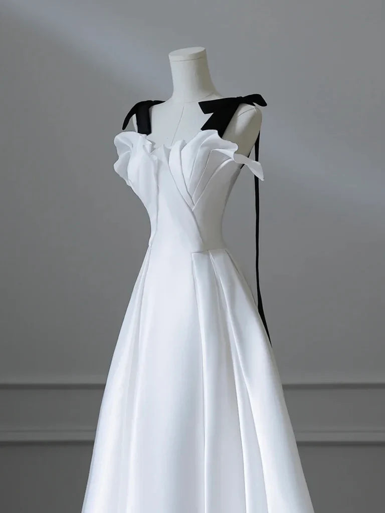A-Line Satin White Long Prom Dress, White Long Formal Dress ED028