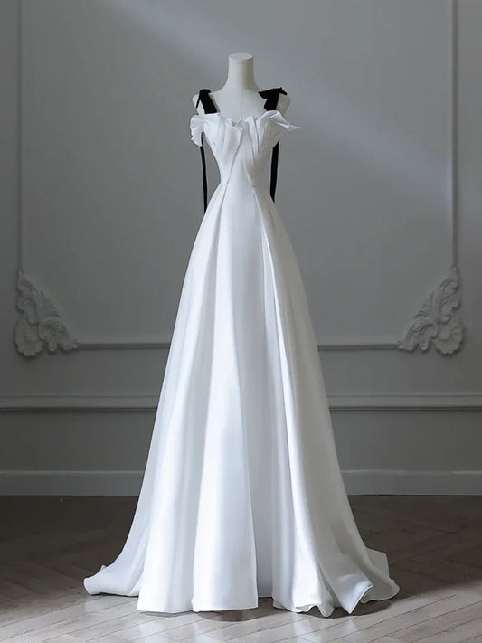 A-Line Satin White Long Prom Dress, White Long Formal Dress ED028