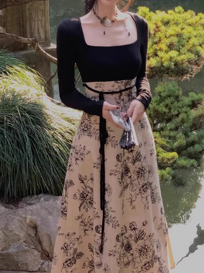 New Chinese style printed knitted patchwork cheongsam long skirt ED0280