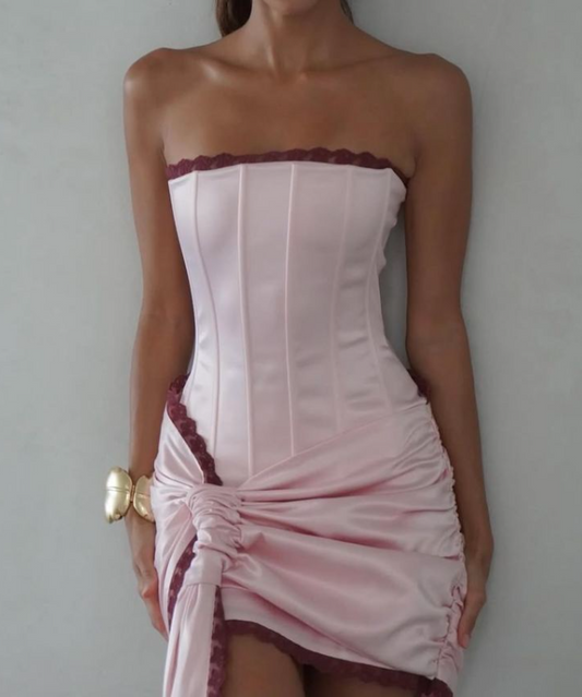 Glam Pink Strapless Bodycon Satin Short Prom Dresses Homecoming Dresses ED02800