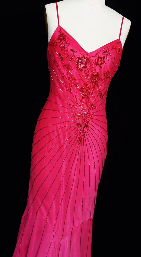 Vintage Hot Pink Spaghetti Straps Mermaid Beaded Chiffon Long Prom Dresses Elegant Evening Gowns ED02801