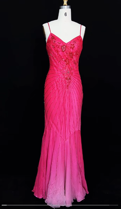 Vintage Hot Pink Spaghetti Straps Mermaid Beaded Chiffon Long Prom Dresses Elegant Evening Gowns ED02801