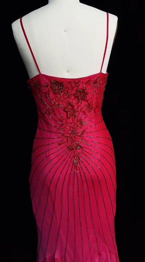 Vintage Hot Pink Spaghetti Straps Mermaid Beaded Chiffon Long Prom Dresses Elegant Evening Gowns ED02801