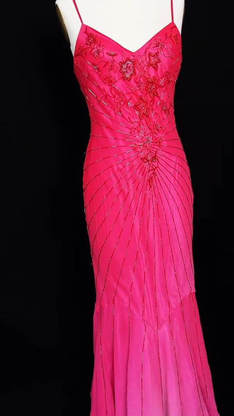 Vintage Hot Pink Spaghetti Straps Mermaid Beaded Chiffon Long Prom Dresses Elegant Evening Gowns ED02801