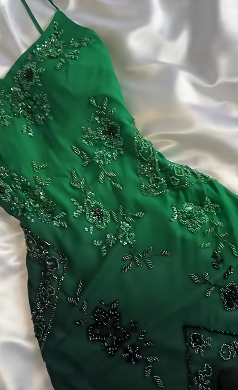 Elegant Green Spaghetti Straps Mermaid Beaded Chiffon Long Prom Dresses Vintage Evening Gowns ED02802