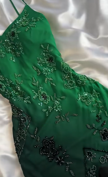 Elegant Green Spaghetti Straps Mermaid Beaded Chiffon Long Prom Dresses Vintage Evening Gowns ED02802