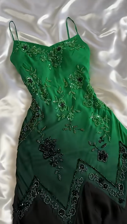 Elegant Green Spaghetti Straps Mermaid Beaded Chiffon Long Prom Dresses Vintage Evening Gowns ED02802