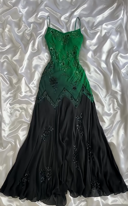 Elegant Green Spaghetti Straps Mermaid Beaded Chiffon Long Prom Dresses Vintage Evening Gowns ED02802
