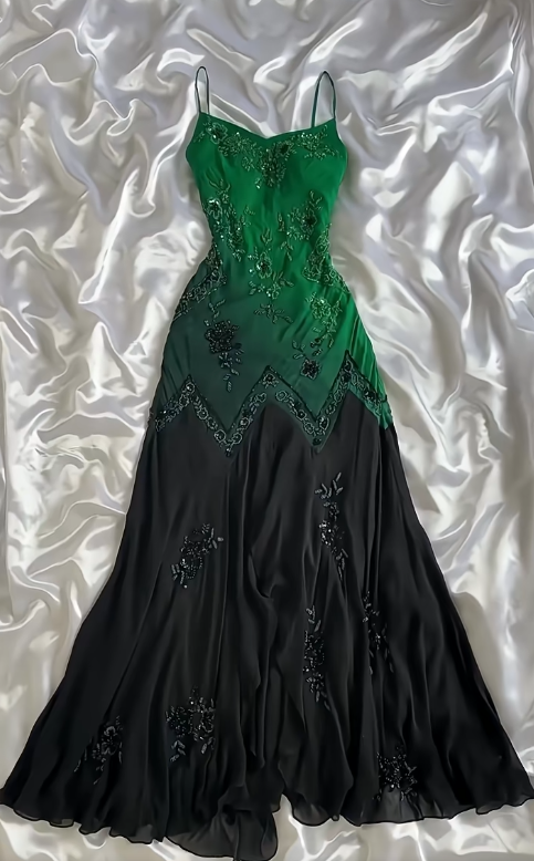 Elegant Green Spaghetti Straps Mermaid Beaded Chiffon Long Prom Dresses Vintage Evening Gowns ED02802
