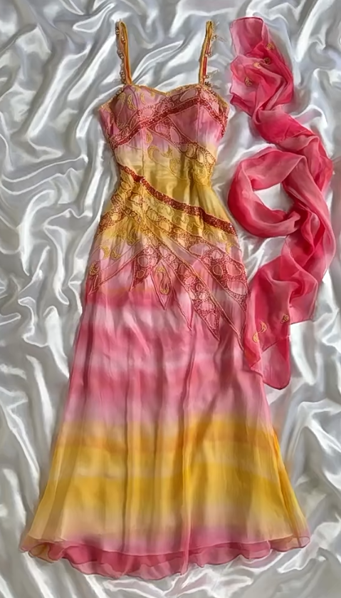 Fairytale Colorful Spaghetti Straps Sheath Beaded Chiffon Prom Dresses Vintage Evening Gowns ED02803