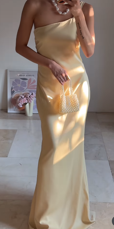 Fashion Butter Yellow One Shoulder Sheath Satin Long Prom Dresses Formal Evening Gowns ED02804