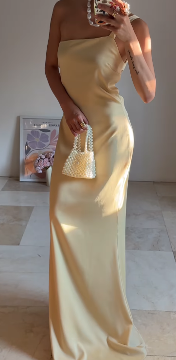 Fashion Butter Yellow One Shoulder Sheath Satin Long Prom Dresses Formal Evening Gowns ED02804