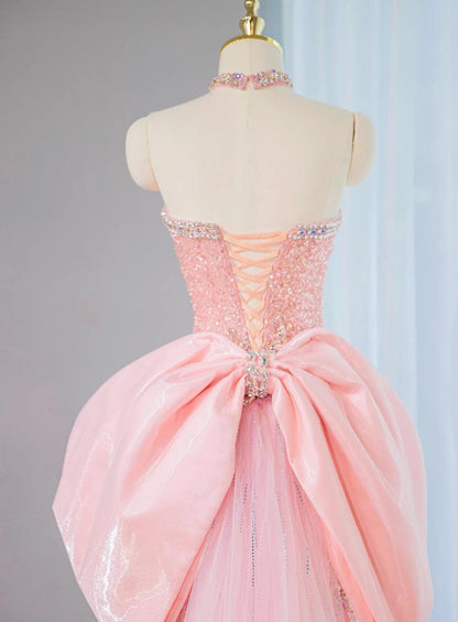 Sweet Pink Strapless Mermaid Tulle Beaded Long Prom Dresses Wedding Dress with Bow ED02805