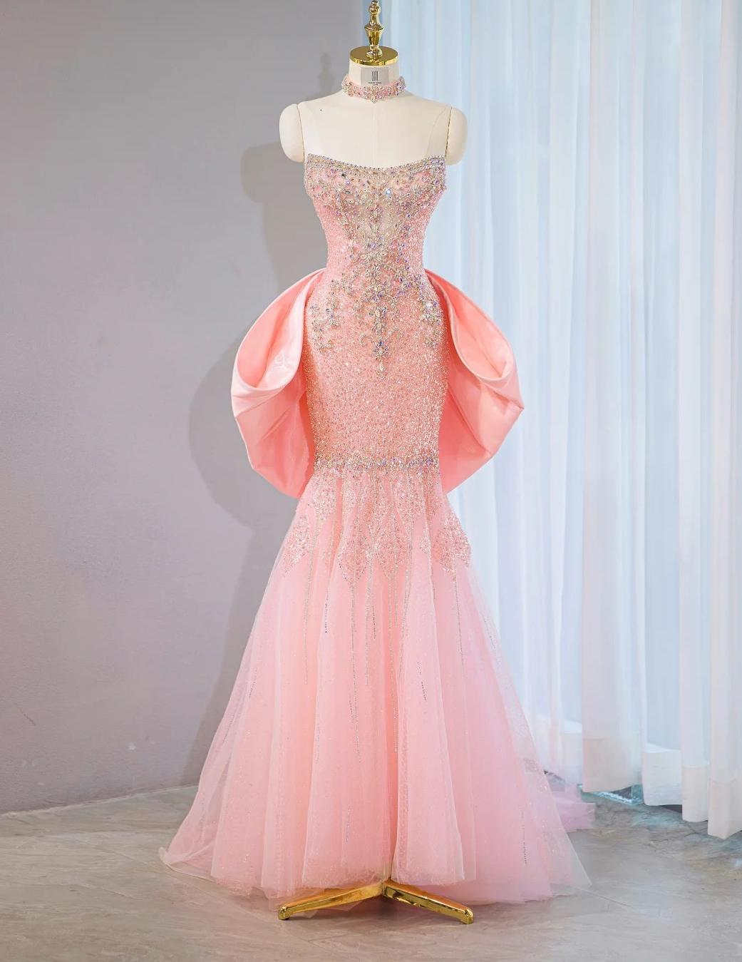 Sweet Pink Strapless Mermaid Tulle Beaded Long Prom Dresses Wedding Dress with Bow ED02805