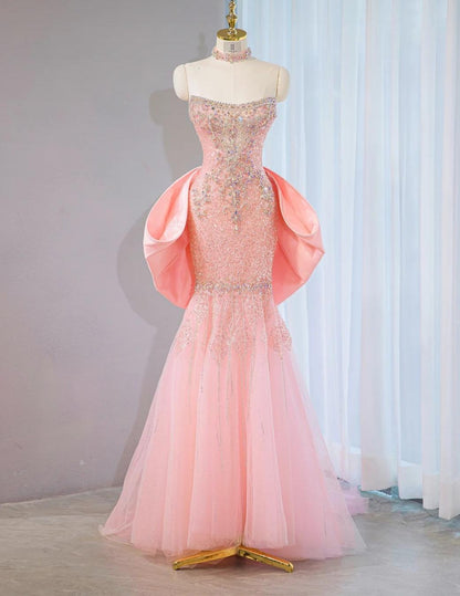 Sweet Pink Strapless Mermaid Tulle Beaded Long Prom Dresses Wedding Dress with Bow ED02805