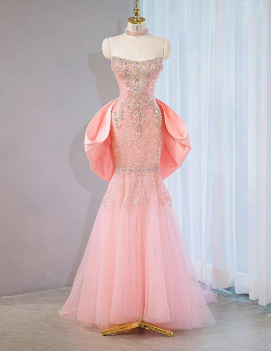 Sweet Pink Strapless Mermaid Tulle Beaded Long Prom Dresses Wedding Dress with Bow ED02805