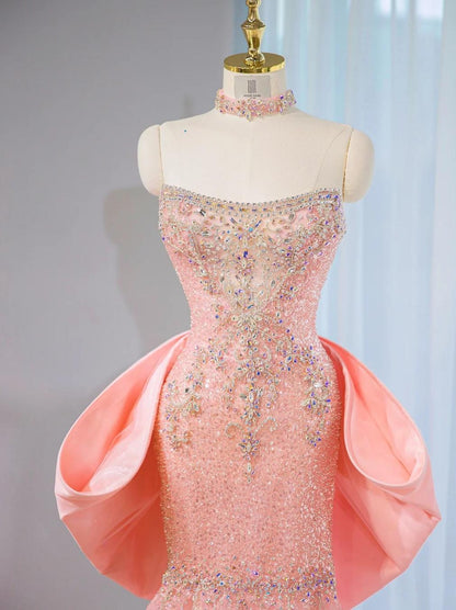 Sweet Pink Strapless Mermaid Tulle Beaded Long Prom Dresses Wedding Dress with Bow ED02805