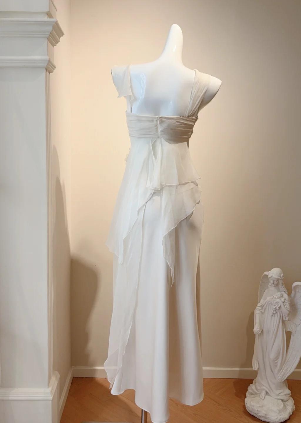 Simple White Spaghetti Straps Sheath Satin Chiffon Long Prom Dresses Birthday Evening Gowns ED02806