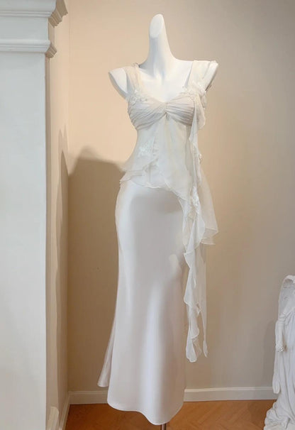 Simple White Spaghetti Straps Sheath Satin Chiffon Long Prom Dresses Birthday Evening Gowns ED02806